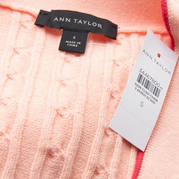 Ann Taylor Cardigan Sweater Cable Knit Boyfriend Tipped Peach Size Small New - Picture 3 of 5
